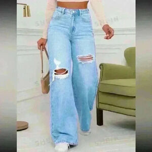 SHEIN EZwear Ladies’ Solid Color Ripped Denim Pants, Size Large